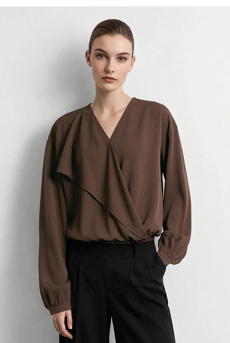 Amii 2026 Autumn Women Blouse Reversible V Neck Wrap Cowl Neck Long Sleeve Chiffon Blouses Woman Loose Casual Shirts 12643013