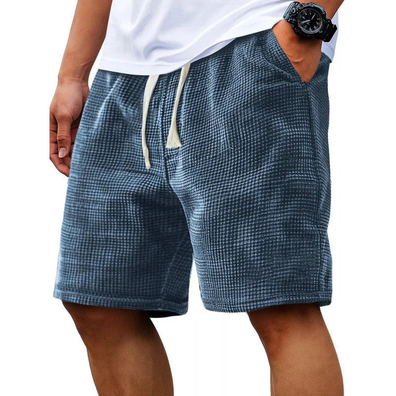 Men Shorts Solid Color Mid Waist Summer Motion Waffle Texture Deep Crotch Drawstring Mens Shorts Loose Knee Length Casual Short