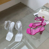 Eilyken Summer Crystal Embellished High Heel Sandals Women Diamond Open Toe Ankle Strap Silk Satin Rhinestone Banquet Shoes