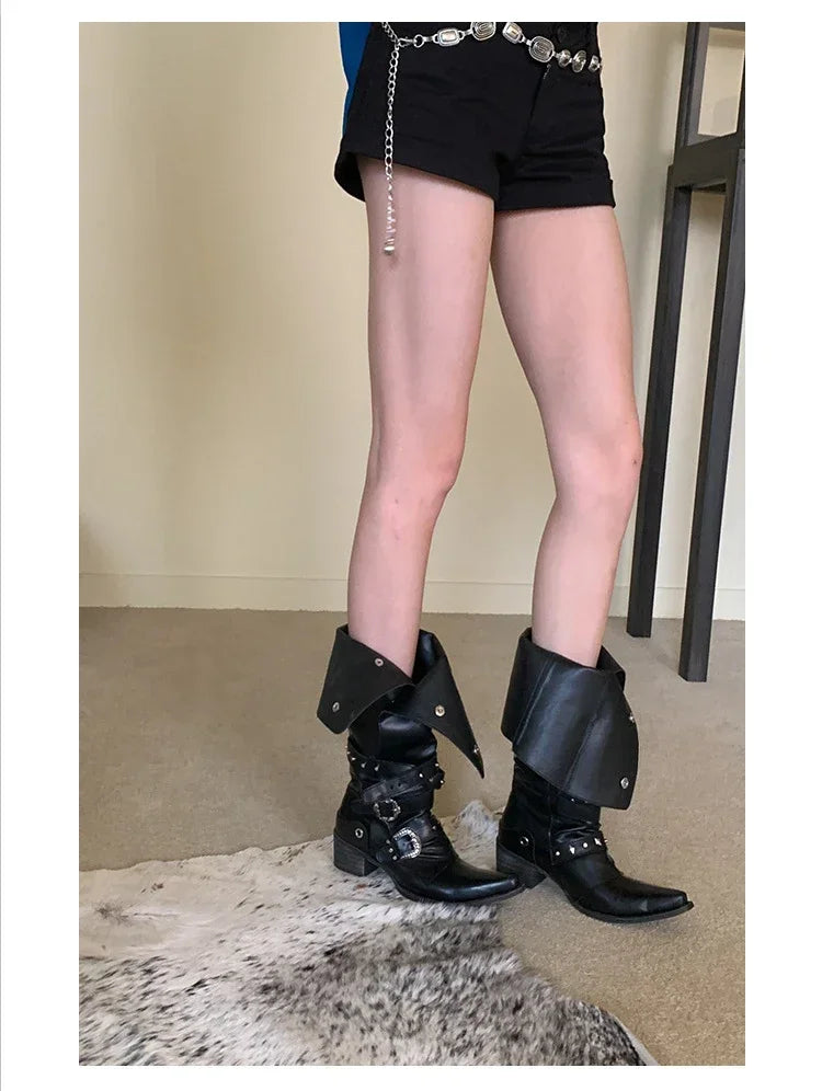 Woman Black Punk Knee High Platform Low Heel Trend Punk Gothic New Rock Leather Fashion Women Chunky Knight Motorcycle Footwear