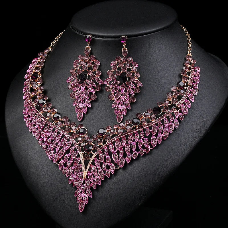 FYUAN Luxury Inlay Rhinestone Necklace Earrings For Women Purple Crystal Water Drop Pendant Wedding Bride Jewelry Sets