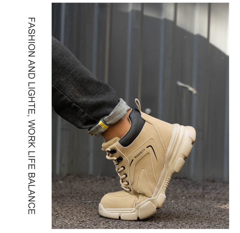 Men's & Women's Brown High-top PU Water Repellent Lightweight Anti-smash Anti-puncture Comfortable Wear Resistant Industrial Construction Work Safety Boots