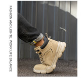Men's & Women's Brown High-top PU Water Repellent Lightweight Anti-smash Anti-puncture Comfortable Wear Resistant Industrial Construction Work Safety Boots