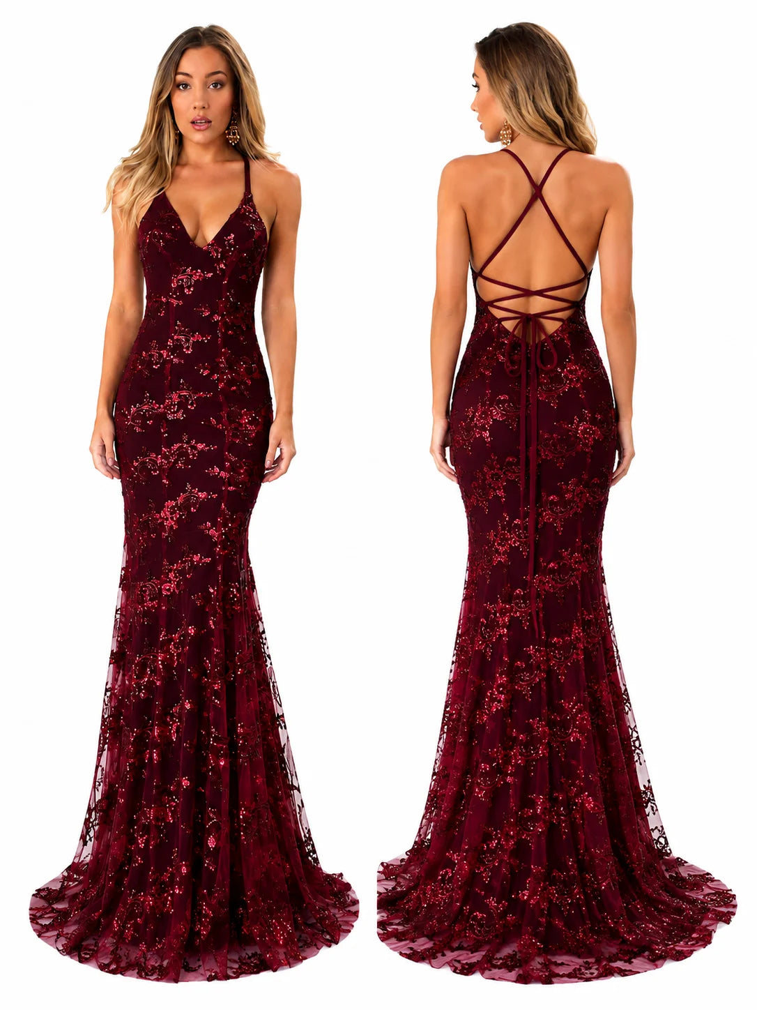 Sexy Sequin Floral Mermaid Evening Gown for Women Deep V Neck Spaghetti Strap Formal Prom Dress Floor Length Tulle Wedding Guest Party Ball Gown