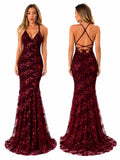 Sexy Sequin Floral Mermaid Evening Gown for Women Deep V Neck Spaghetti Strap Formal Prom Dress Floor Length Tulle Wedding Guest Party Ball Gown