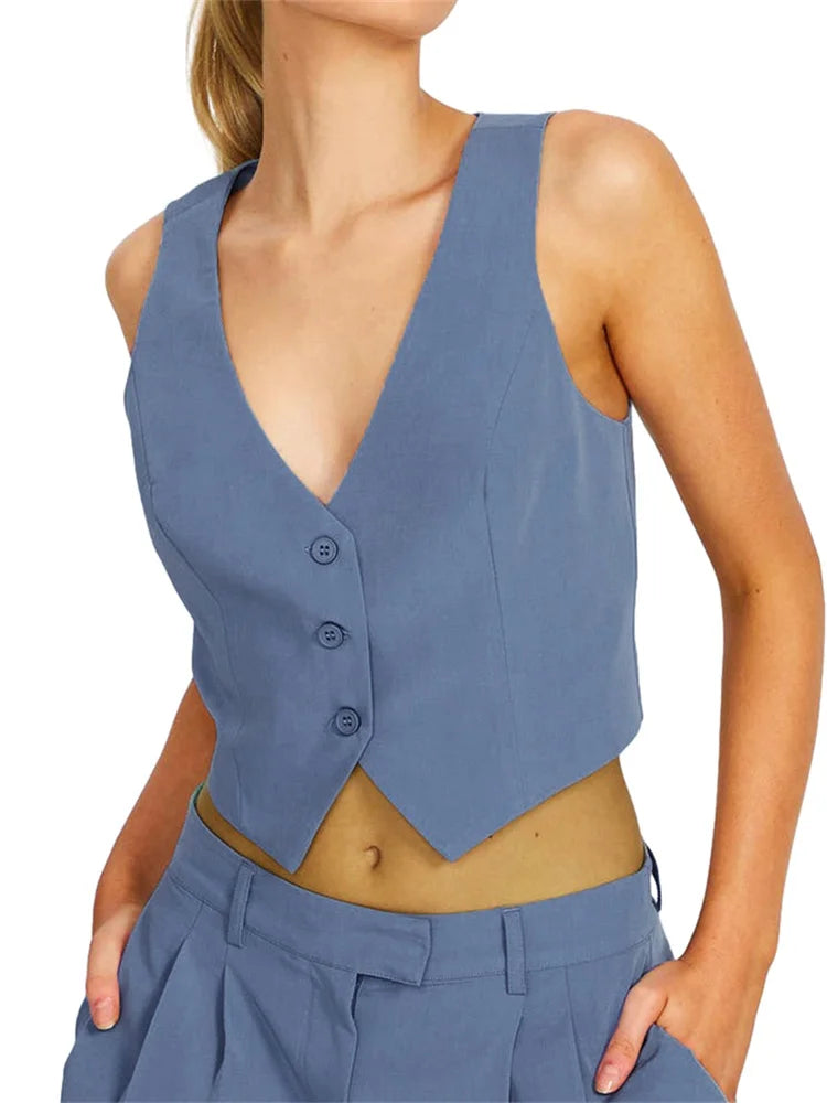 Women Vest Caot Sleeveless V Neck Button Waistcoat Solid Color Blazer Gilet for Casual Daily Fashion