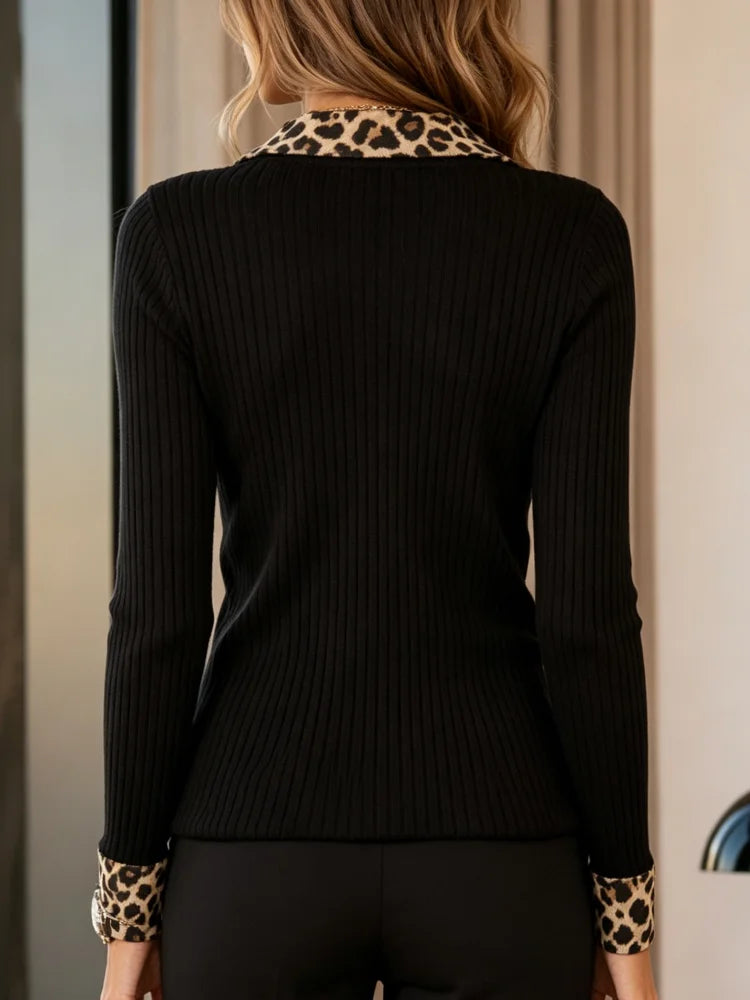 Women's leopard print knitted patchwork top with ribbed collar and cuffs, V-neck long sleeves, fitted design, suitable for spring and autumn office and casual pullover shirts.