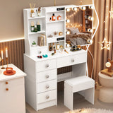 Teousev White LED Makeup Vanity Set with Sliding Mirror, 3-Color Dimmable Lights, 6 Drawers & Stool, Modern Dressing Table