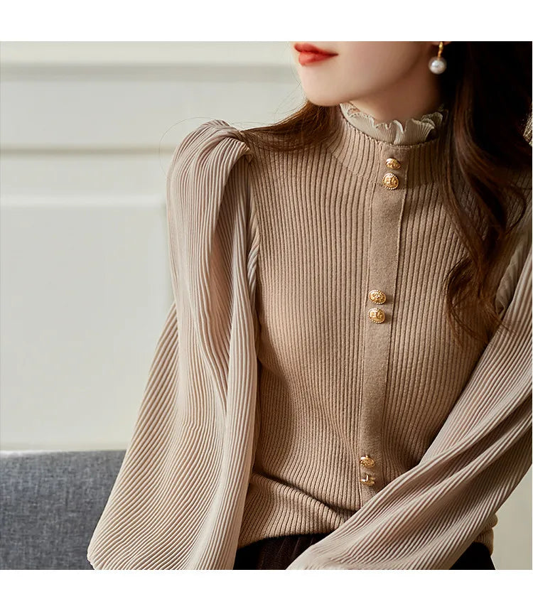 Elegance Half Turtleneck Long Sleeve Knitted Korean Sweaters Single Breasted Vintage Japanese Sweet Sweater Patchwork Blouses