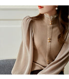 Elegance Half Turtleneck Long Sleeve Knitted Korean Sweaters Single Breasted Vintage Japanese Sweet Sweater Patchwork Blouses