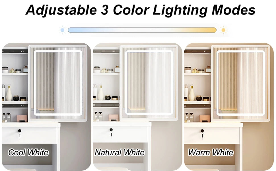 Vanity Desk, Makeup Vanity Desk with Sliding Mirror and Lights, Makeup Vanity Set with Drawers, Stool and Open Shelves, 3 Color Lighting Modes, Brightness Adjustable Dressing Table for Bedroom, White