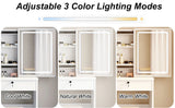 Vanity Desk, Makeup Vanity Desk with Sliding Mirror and Lights, Makeup Vanity Set with Drawers, Stool and Open Shelves, 3 Color Lighting Modes, Brightness Adjustable Dressing Table for Bedroom, White