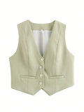 HH Elegant Womens Minimalist Solid Color Suit Vest Fitted Waist V Neck Office Workwear Business Waistcoat Casual Streetwear Tops