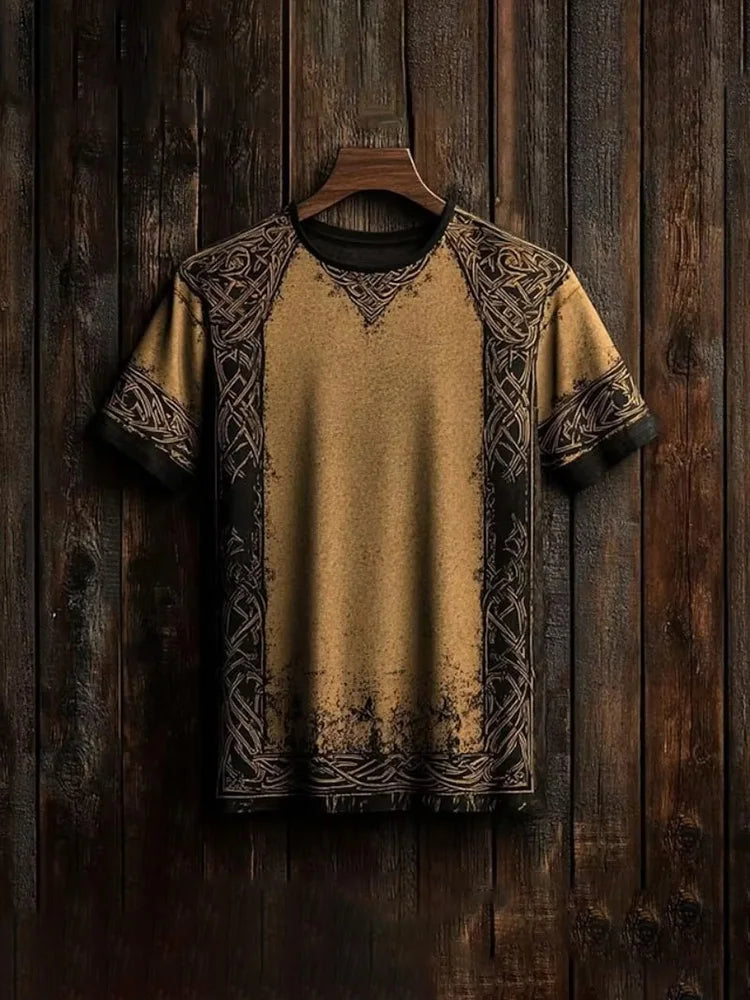 New Retro-style Outdoor Street Men's Loose Short-sleeved Casual Shirt With Tribal Ethnic Symbol Print Men's Fashionable T-shirt