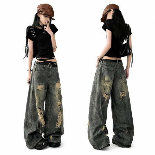 Distressed Ripped Baggy Wide Leg Jeans for Women Vintage Wash Destroyed Denim Pants Y2K Grunge Streetwear Loose Oversized Trousers