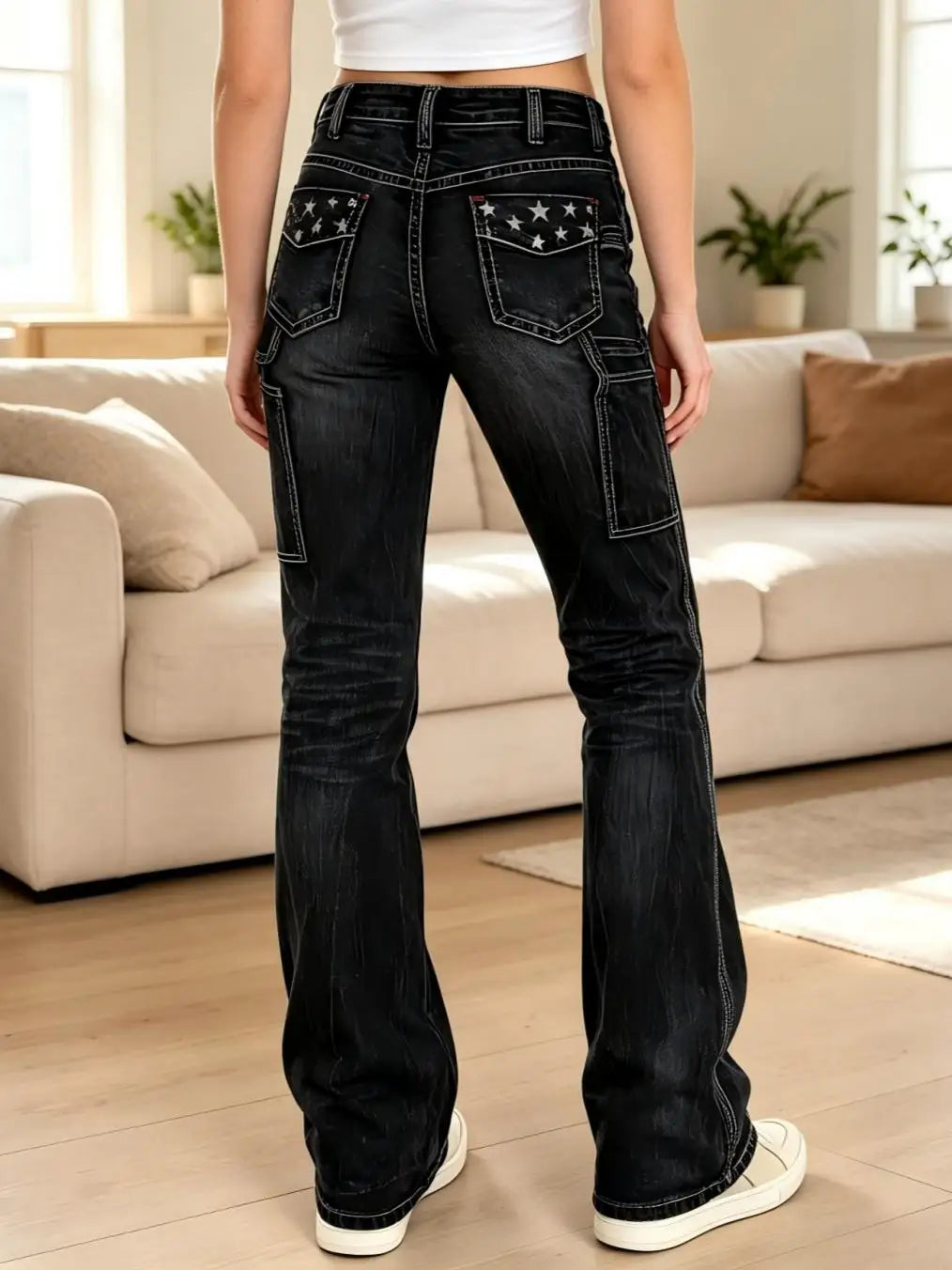 【HME】Jeans | Women Contrast Stitching Denim Pants, Mid‑Rise Flare Workwear Jeans, Star Embroidered Back Pockets, Side Cargo Patch Pockets, Wrinkle Cat‑Whisker Wash, Dark Blue & Black‑Grey Two‑Tone, American Y2K Re