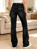 【HME】Jeans | Women Contrast Stitching Denim Pants, Mid‑Rise Flare Workwear Jeans, Star Embroidered Back Pockets, Side Cargo Patch Pockets, Wrinkle Cat‑Whisker Wash, Dark Blue & Black‑Grey Two‑Tone, American Y2K Re