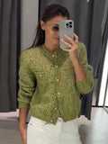 Chic Speckled Knit Cardigan Round Neck Shoulder Pads Long Sleeve Single Breasted Patch Pockets Daily Women Top 2026 Autumn Tops