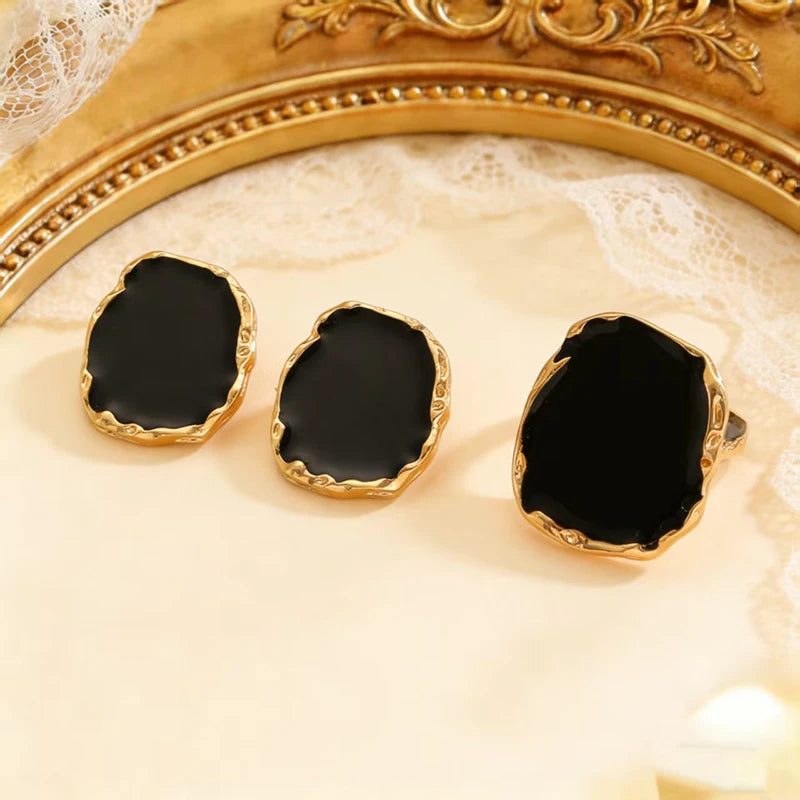 2Pcs/Set New Vintage Enamel Earrings Rings For Women Punk Metal Side Classic Black Oil Drip Irregular Stones Luxury Jewelry Set