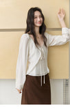 MISHOW Women's French Lace Trim Blouse 2026 Autumn V‑Neck Tie Front Loose solid blouses Babydoll Style Casual Tops MXF43X2783