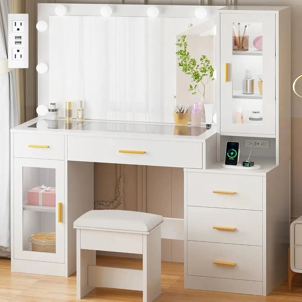 49.2" Large Glass Top Vanity Desk with Lighted Mirror and Stool | White Makeup Vanity table with Nightstand,Power, Custom