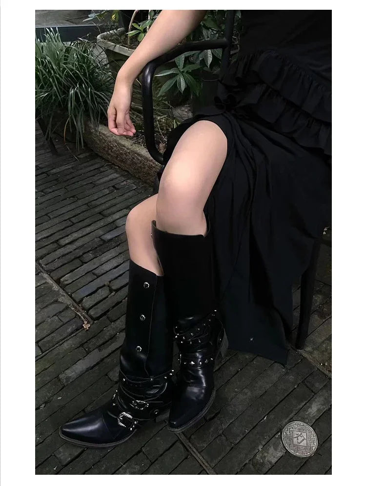 Woman Black Punk Knee High Platform Low Heel Trend Punk Gothic New Rock Leather Fashion Women Chunky Knight Motorcycle Footwear