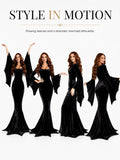 Women Gothic Velvet Mermaid Maxi Dress Bat Flared Long Sleeve Bodycon Gown Dark Witch Vampire Costume Halloween Cosplay Party Outfit