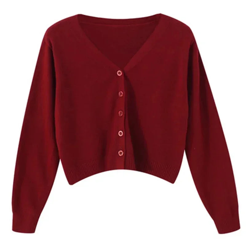 2026 Women Long Sleeve Cropped Cardigan V Neck Button Down Knit Lady Autumn Spring Knitted Single-breasted Cardigan Sweaters