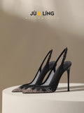 New Baotou Sexy Sandals with One Buckle and Summer Mesh, Rhinestone High Heels for Women, Slim Heels, Shallow Mouth