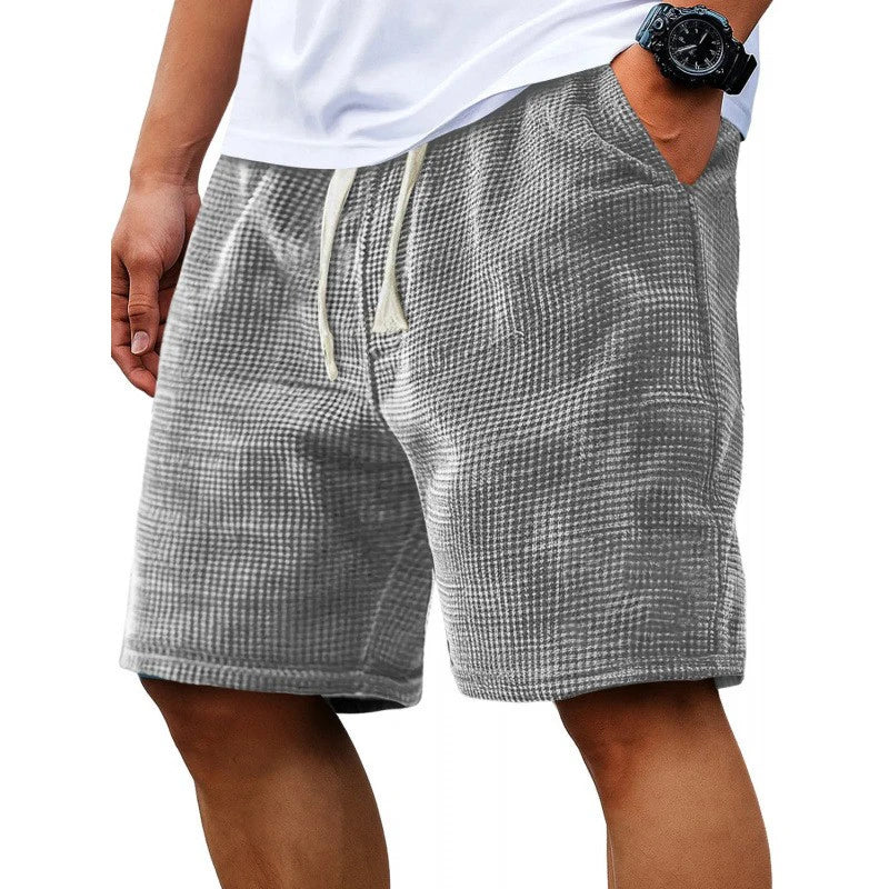 Men Shorts Solid Color Mid Waist Summer Motion Waffle Texture Deep Crotch Drawstring Mens Shorts Loose Knee Length Casual Short