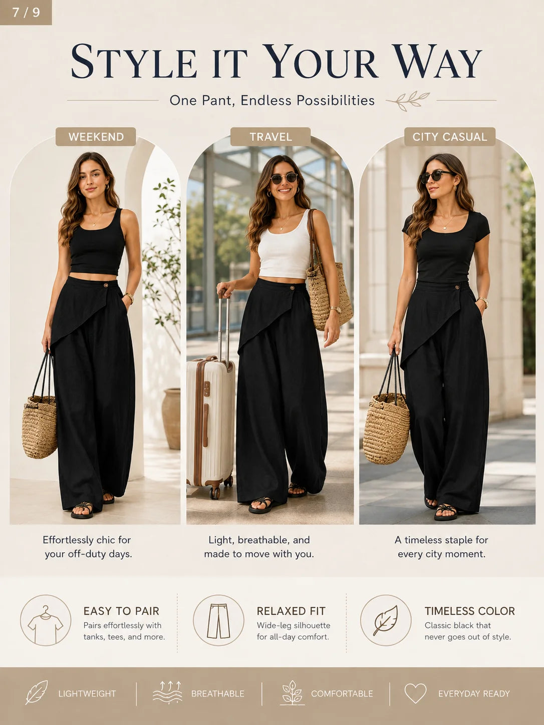 Women Wrap Front Linen Wide Leg Pants, High Waist Elastic Back Waist Culottes with Pockets, Casual Loose Fit Trousers for Summer Beach Daily Streetwear