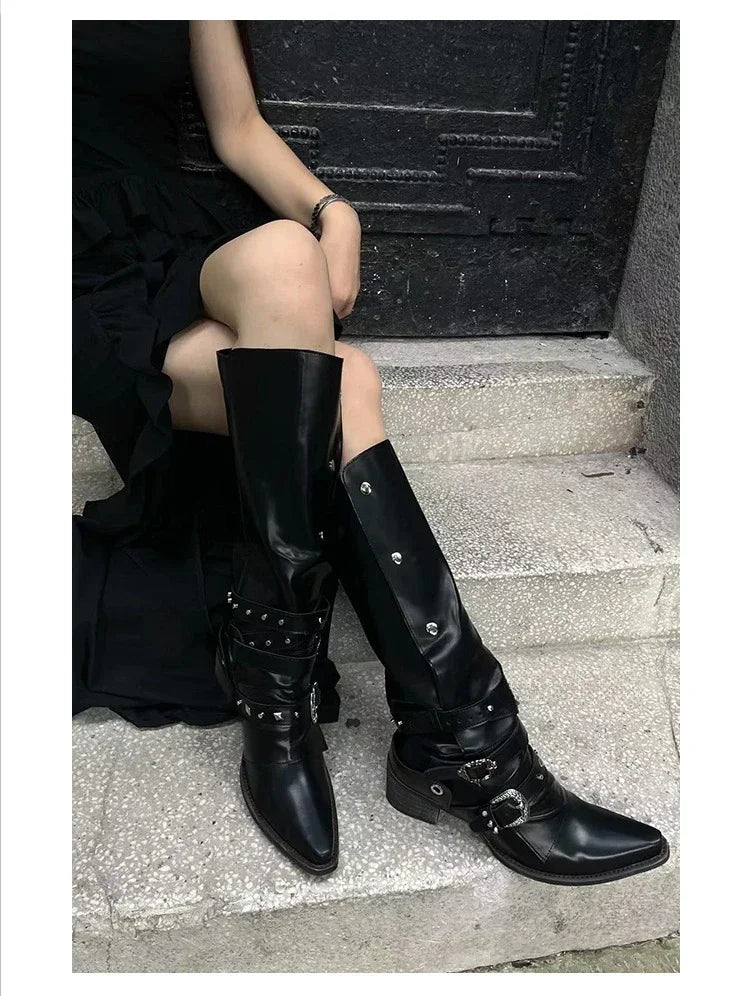 Woman Black Punk Knee High Platform Low Heel Trend Punk Gothic New Rock Leather Fashion Women Chunky Knight Motorcycle Footwear