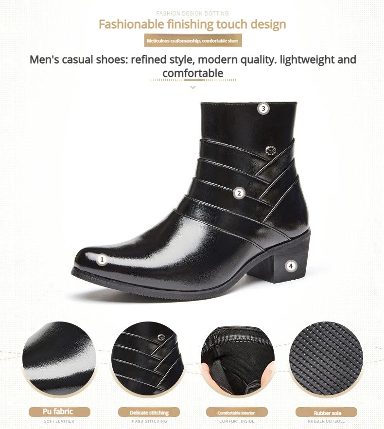 Luxury Men Boots Leather Chelsea Boots High Top Buckle Strap Formal Shoes Black British Style Ankle Boots Pointed Toe Brown Boot