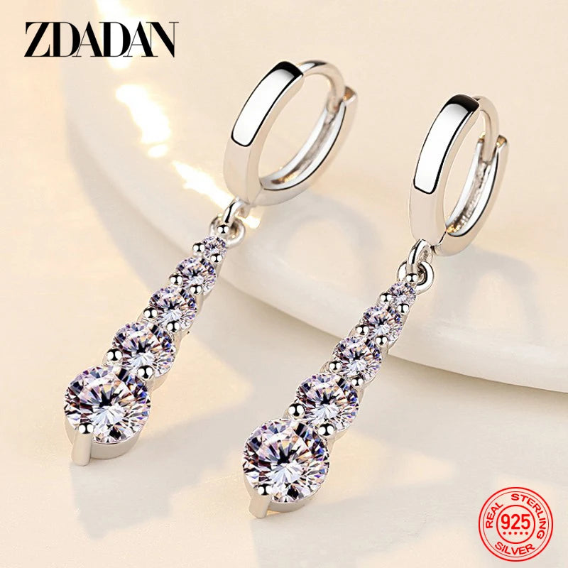 ZDADAN 925 Sterling Silver Long Drop Earrings For Women Fashion Wedding Jewelry