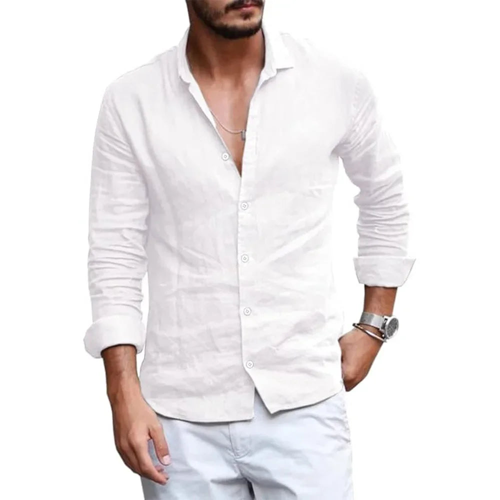 Summer Lightweight Breathable Men Shirt Long Sleeved Cotton and Linen Shirts Men Cardigan Tops Lapel Collar Men Beach Clothing