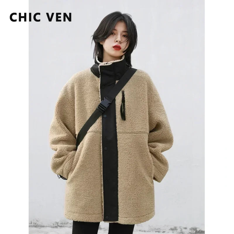 CHIC VEN Women Jacket Coat Thicken Warm Casual Lamb Faux Fur Woman Overcoat Loose Outerwear Female Tops Lady Autumn Winter 2025