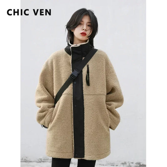 CHIC VEN Women Jacket Coat Thicken Warm Casual Lamb Faux Fur Woman Overcoat Loose Outerwear Female Tops Lady Autumn Winter 2025