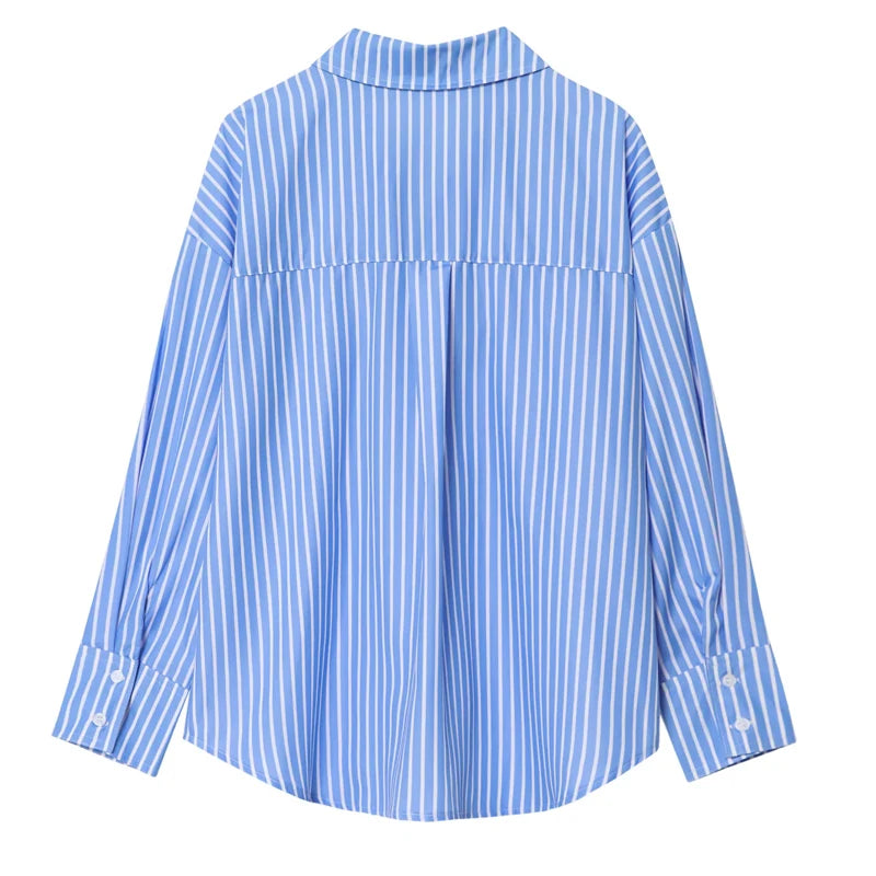 HXAO 2025 Woman Blouses Long Stripe Shirts Women Spring Summer Long Sleeve Blue White Shirt Woman Large Tops Button Up Shirts