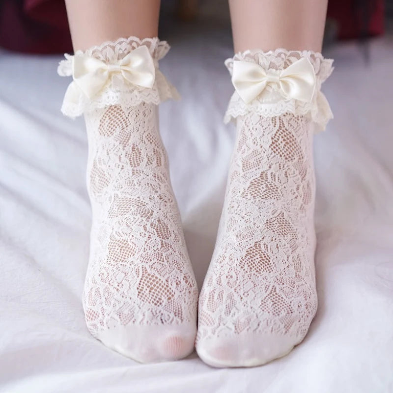 New Design Lace Socks Japanese Style Lolita Kawaii Sock Women's Summer Mesh Breathable Fishnet Socks Sweet Ballet Cute Bow Socks