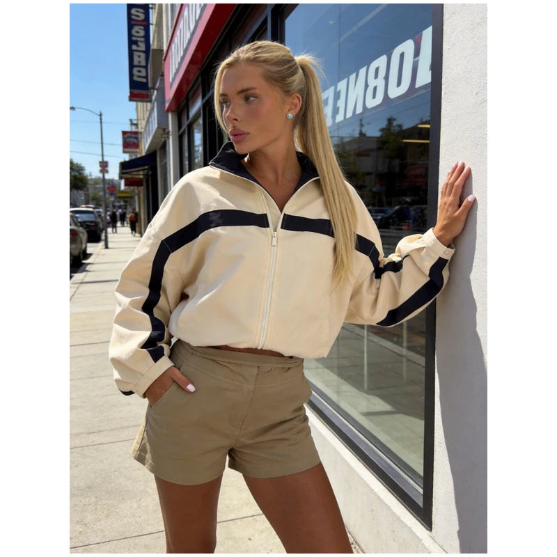 Women's Jackets Beige Black Zip Collar Crop Jacket Lapel Loose Streetwear Spring Autumn Chic Sports Outfits Short Coats 2026 New