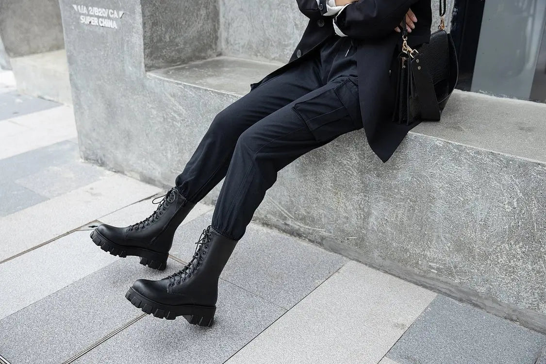 Platform Women's Ankle Boots Autumn 2023 Black White Thick Bottom Motorcycle Botas Mujer Pu Leather Non-Slip Combat Boots Women