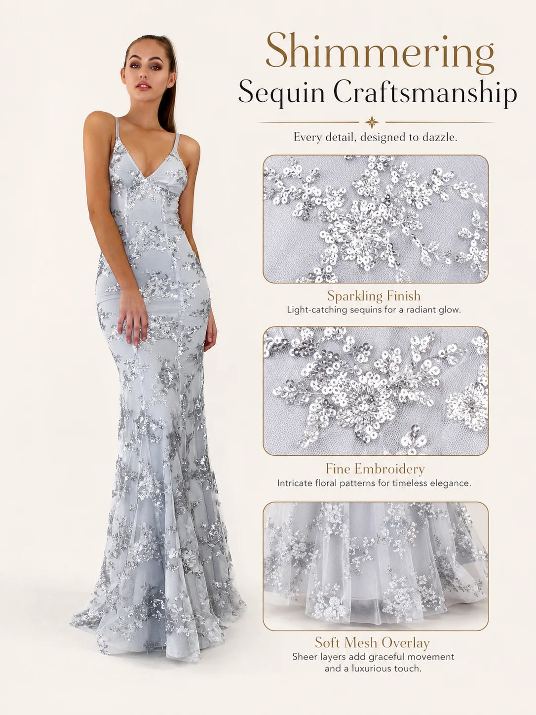 Sexy Sequin Floral Mermaid Evening Gown for Women Deep V Neck Spaghetti Strap Formal Prom Dress Floor Length Tulle Wedding Guest Party Ball Gown