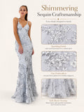 Sexy Sequin Floral Mermaid Evening Gown for Women Deep V Neck Spaghetti Strap Formal Prom Dress Floor Length Tulle Wedding Guest Party Ball Gown
