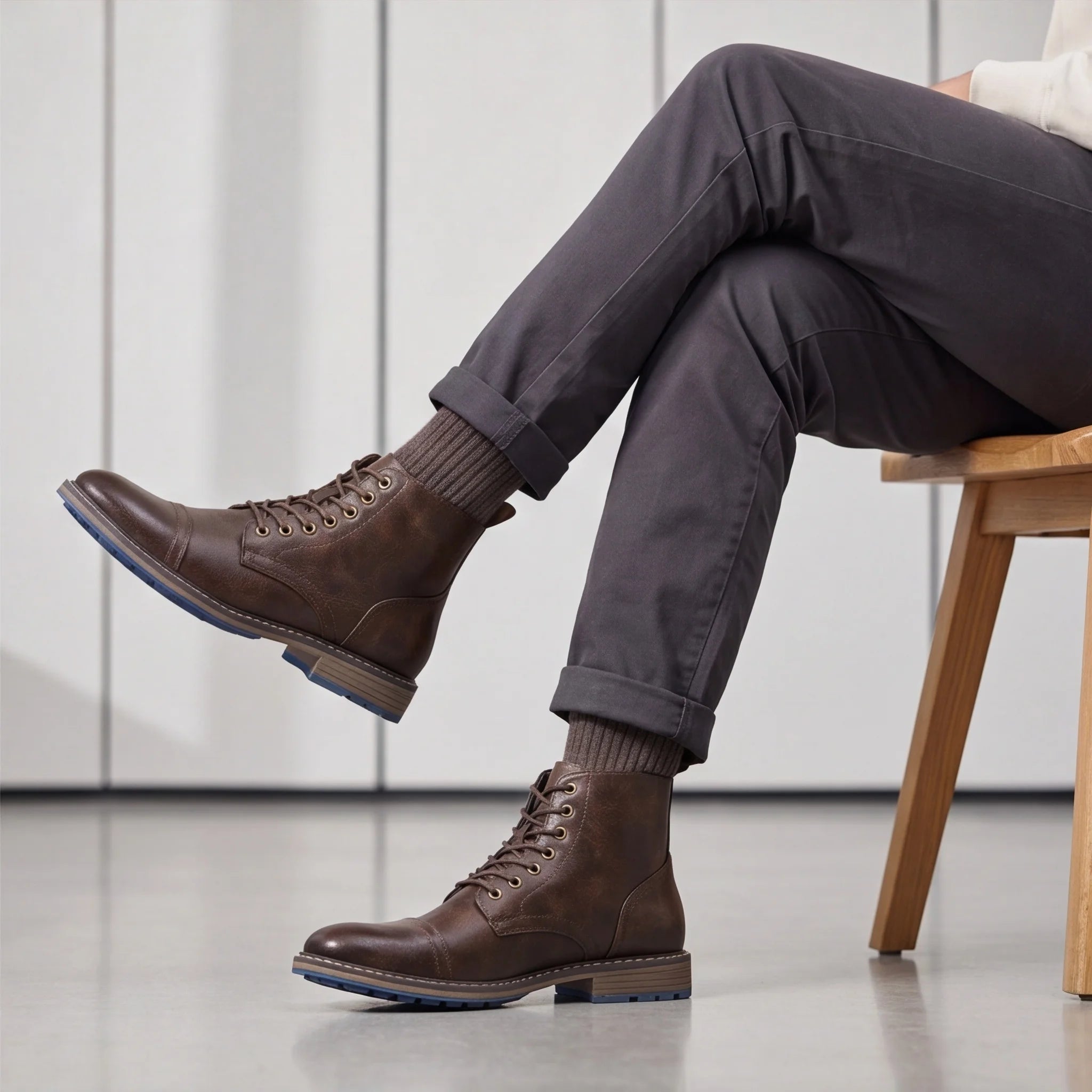 Men's Vintage Combat Boots Lace-Up Cap Toe Ankle Booties with Pull Tab Non-Slip Sole
