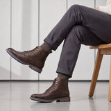Men's Vintage Combat Boots Lace-Up Cap Toe Ankle Booties with Pull Tab Non-Slip Sole
