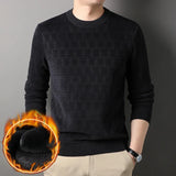 Chenille Winter Warm Sweaters Men Plaid Jacquard O-neck Pullovers Fleece Thick Knitwear Male Business Casual Knitted Sweater
