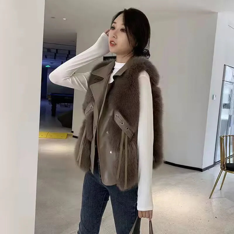Faux Fur Plush Vests Women Loose Sleeveless Waistcoats Female 2024 New Autumn Winter Fashion Outwears Lady PU Leather Fur Vest
