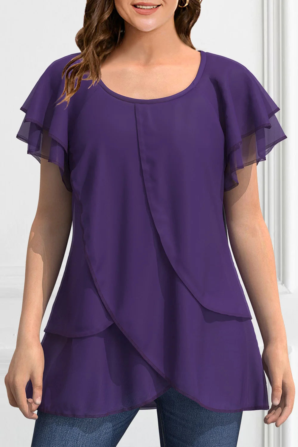 Women Plus Size Blouse Chiffon Short Sleeve Round Neck Elegant Irregular Hem Office Lady Summer Chiffon Blouse Tops