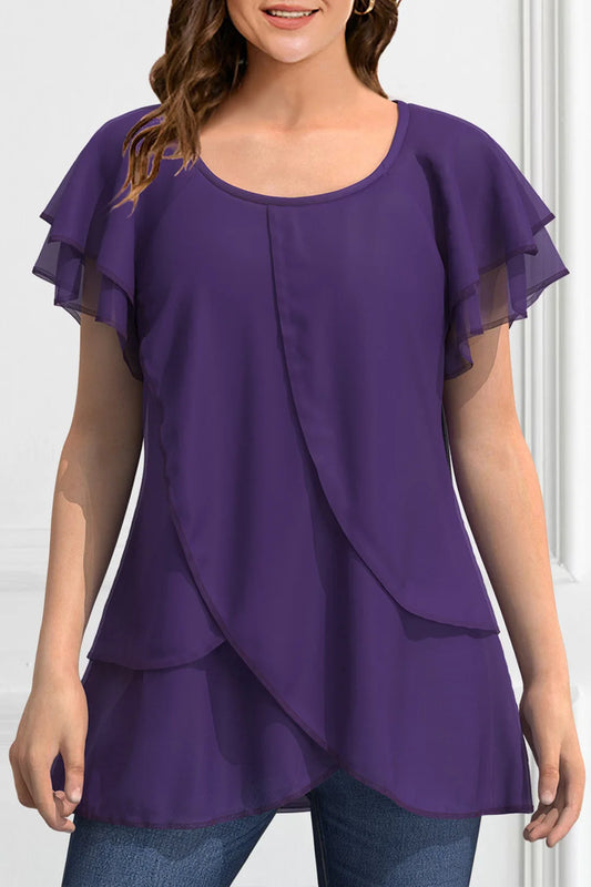 Women Plus Size Blouse Chiffon Short Sleeve Round Neck Elegant Irregular Hem Office Lady Summer Chiffon Blouse Tops