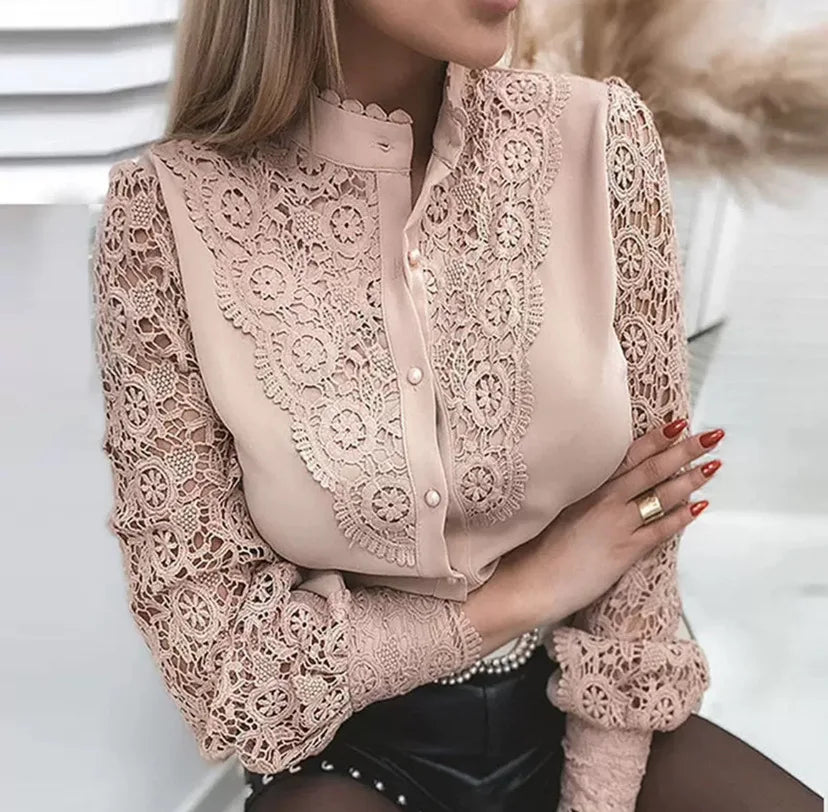 Women Shirt Blouse New Long Sleeve Stand Collar White Hollow Out Shirt Blouse Women Tops Blouses Shirts Blusas Para Mujer Q3566